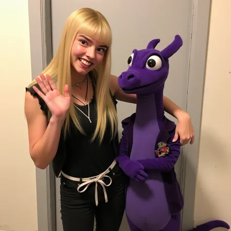 ohwx woman standing beside an anthropomorphic purple dragon. She is wearing a black top with a lace-up detail and a sleeveless vest, paired with drawstring pants. Her long blonde hair is styled straight with her signature blunt bangs, and her facial expres...