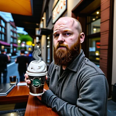 Photography, realistic, highly detailed, high resolution, hd, 4k, cinematic, man siting at cafe drinking a cup of coffee