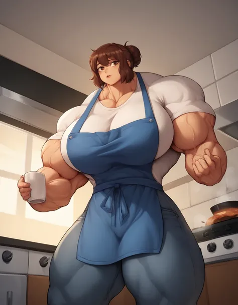 1girl, solo, kitchen, jeans, white shirt, blue apron, colorful kitchen, sunrise, breakfast, cooking, coffee mug, drowsy, brown hair, messy bun, hulking, big breasts, muscular legs, thick thighs, small head
BREAK score_9, score_8_up, score_7_up, reddyheart,...