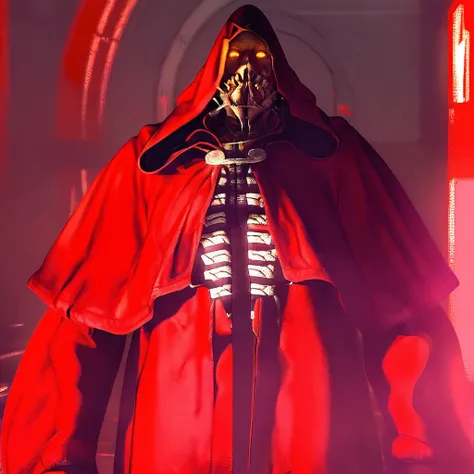 1boy, tall, red cloak, solo, yellow eyes, science fiction, capelet, male focus, teeth, red robe, standing, looking at viewer, hood up, hood, glowing, huge