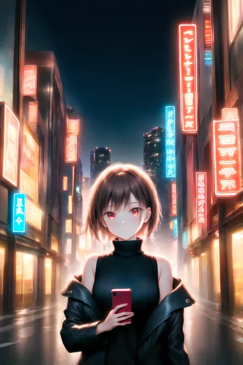 1girl, upper body, standing, short hair, brown hair, red eyes, black sweater, sleeveless turtleneck, black jacket, off shoulder jacket, long sleeves, bare shoulders, closed mouth, smile, holding phone, smartphone, outdoors, city, street, neon lights, night...