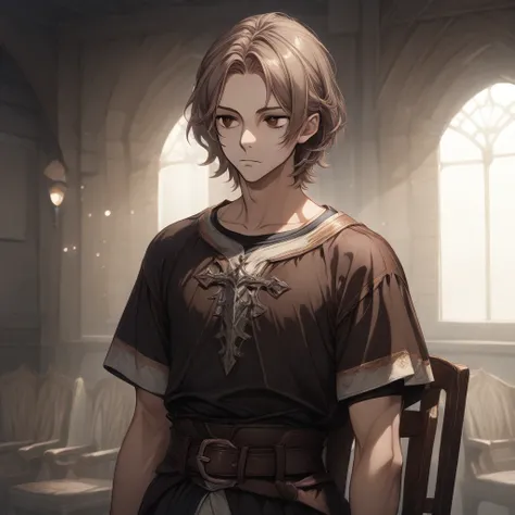 Feudal , 1man, solo,  light brown hair, short hair,  hair tips,  brown eyes, slant eyes, standing, expressionless,  upper body  ,t-shirt  , medieval outfits,  belt, indoors, sitting on chair,masterpiece,  Soft shadows , bokeh,