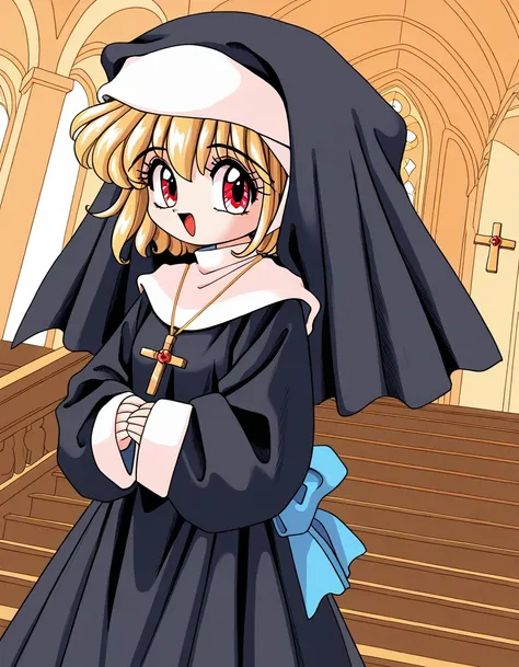 general,highres, ultra-detailed,very aesthetic,best quality ,best hands,  BREAK <lora:Melodylibrary_IS:1>
Melodylibrary, nun, blonde hair, red eyes, bangs, short stack, 1990s (style), 
habit, blue bow, jewelry, cross necklace, long sleeves,
1girl, solo, cr...