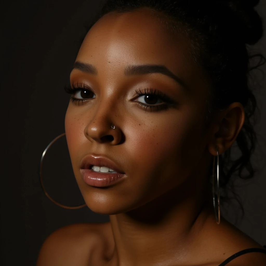 <lora:Tinashe_Flux:1> A close-up portrait of Tinashe, her gaze both intense and vulnerable. Her face is bathed in soft, Rembrandt-style lighting, creating a dramatic interplay of light and shadow. Her hair is styled in a classic updo, revealing the elegant...