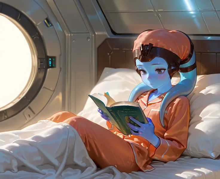 masterpiece, 1440p, 8k, UHD, amazing quality, high resolution,  <lora:Mission_Vao_Illustrious:1> missionvao, twilek, blue skin, lekku, 1girl, solo, tentacle hair, colored skin, reading book, sitting, alcove, bed, pajamas, night cap, spacecraft interior