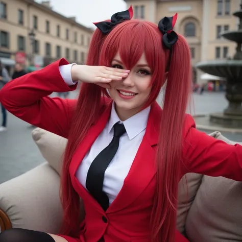 (cata7pln:1.2), a realistic photograph of a woman wearing a (Kotori:0.8) cosplay, long red hair, twintails, red eyes, two-tone bow in hair, black tie, red blazer, white undershirt, red skirt, black thighhighs, She beams as she crosses the finish line in a ...