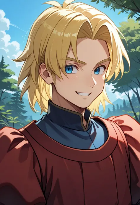 masterpiece, best quality, 
kiefer, 1boy, male focus, solo, blonde hair, parted bangs, blue eyes, tunic, red tunic, puffy sleeves, shirt, blue shirt, high collar, smile, grin, portrait
outdoor, nature, sky,