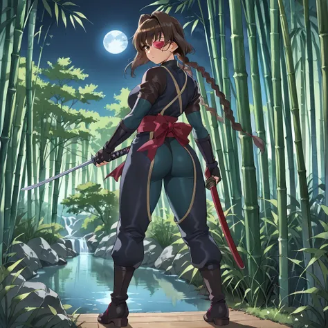 outdoors, bamboo forest, nighttime, river, moon, <lora:Yagyu_Jubei_the_Second_-_Jubei-chan_The_Ninja_Girl-000018:.7> jubei-chan, 1girl, solo, brown hair, brown eyes, bangs, braids, low twin braids, long braids, eyepatch, heart eyepatch, ninja, kunoichi, fr...