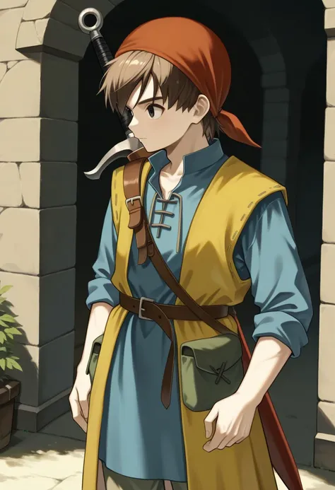 masterpiece, best quality, 
herodq, 1boy, male focus, solo, bandana, red bandana, brown hair, short hair, black eyes, tunic, blue tunic, long sleeves, sleeves rolled up, coat, yellow coat, sleeveless coat, belt, pants,  pouch, weapon, sword on back, sheat,...