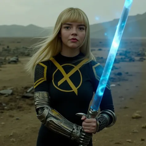 movie scene of ohwx woman wearing a black and yellow x-men superhero costume, with a large yellow "X" symbol with a circle around it. She has an intricate metal arm and metal glove holding a glowing blue sword with large blade and blue smoke. ohwx woman ha...