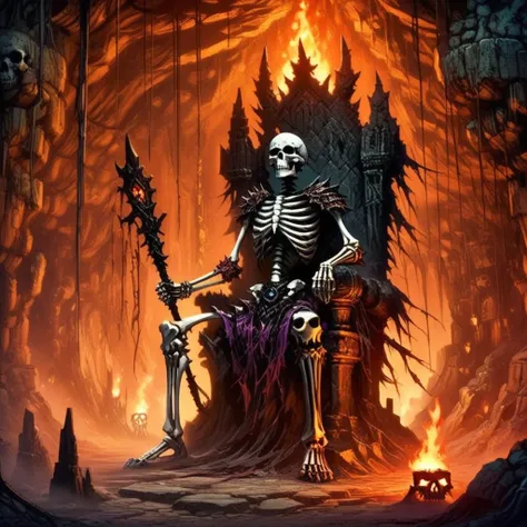 anime artwork skellies, skeletal warrior, sitting on a throne of bones, surrounded by flickering torches, underground cavern, jagged rocks, close-up shot, low light, eerie glow, gothic atmosphere, high detail <lora:Skeletal Warriors- sdxl1.0:1> . anime sty...