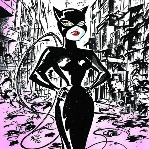 Catwoman, traditional media, skyscraper, dress, 1girl, alley, lipstick, hands on hips, crossed arms, whip, yellow eyes