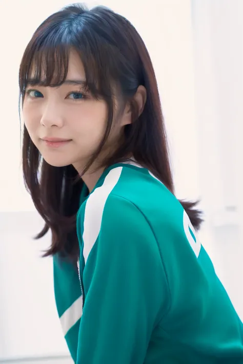 <lora:mio-ichijo_kk:0.9>,1girl,smile,asian,brown eyes,breasts,black hair,lips,long hair,looking at viewer,realistic,solo,upper body ((black background, simple background)),mio-ichijo,,A green tracksuit with white stripes,a three-digit number on the chest a...