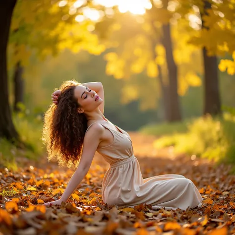 full-body portrait photograph of a woman sitting on a bed of autumn leaves. She is leaning back, supporting herself on her left arm. Her right arm is touching her hair. She has long curly brown hair, she is wearing a beige dress. Golden light is falling th...