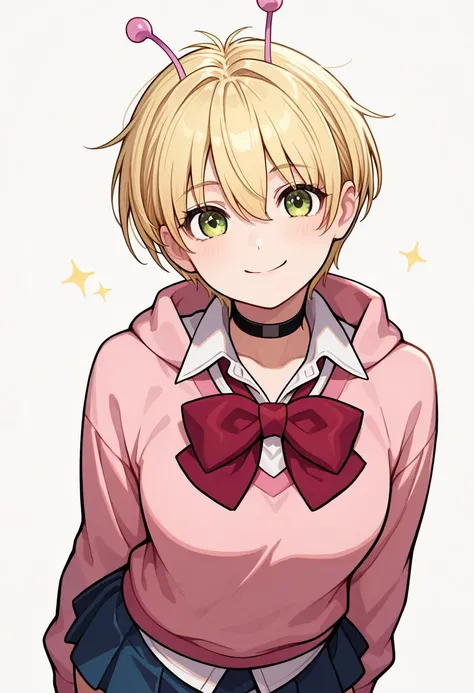 masterpiece, best quality, 1girl, solo, vamola, blonde hair, short hair, green eyes, pink antennae, blue mini skirt, pink sweater, black choker, red bowtie, smile, white colllared shirt