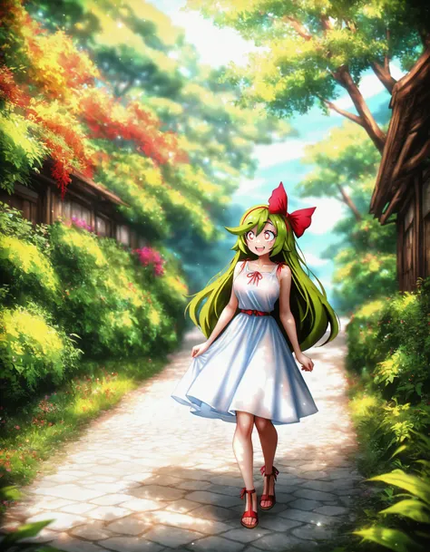 <lora:Tabby_v2:0.75> t4bby, green hair, long hair, red bow, hair bow, full body, scenery, smile, happy, masterpiece, best quality, amazing quality