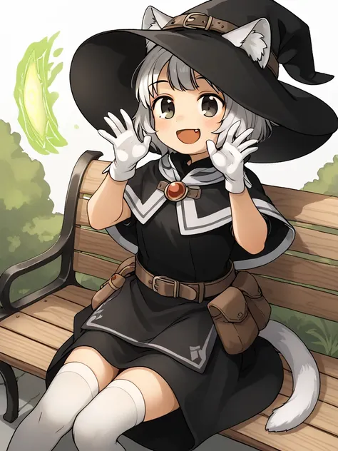 <lora:Akai_Sashimi-PonyXL-1024px-1.0:1.0>
score_5_up,
1girl, solo, bench, sitting, hands up, magic, black dress, wizard_hat, fang, animal ear fluff, capelet, thighhighs, white gloves, short hair, short puffy sleeves, belt, belt_pouch, smile, open mouth, ta...