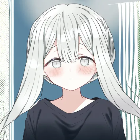 fuyukawa kagari, 1girl, solo, long hair, blush, shirt, grey eyes, bangs, upper body, black shirt