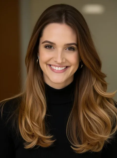 portrait of jup41v4 woman, on a office, serene and warm, natural lighting, soft focus, high-resolution, elegant and introspective atmosphere, quiet sophistication, wearing a turtleneck yarn blouse, slight smile

