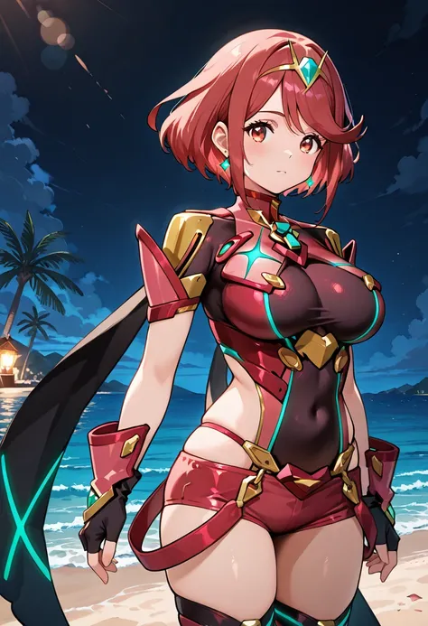 perfect quality, high quality, masterpiece, absolutely eye-catching, ambient occlusion, raytracing, <lora:Pyra:.5> pyraxbxl at the beach, short hair, red hair, solo, breasts, bangs, large breasts, tiara, red eyes, gloves, jewelry, shorts, fingerless gloves...