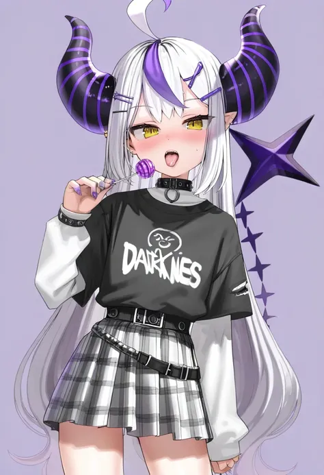 1girl, la+ darknesss, food, solo, virtual youtuber, lollipop, skirt, plaid skirt, long hair, horns, multicolored hair, candy, plaid, ahoge, tongue, holding food, hair ornament, purple hair, streaked hair, bangs, black shirt, purple nails, looking at viewer...