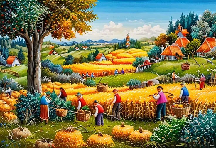 dr4g4n, style of dr4g4n,,A colorful and vibrant naÃ¯ve art painting of several men harvesting hay in a wide-open field under a bright, sunny sky. The men are depicted with simplified, almost childlike features, wearing straw hats, plain shirts, and pants, ...