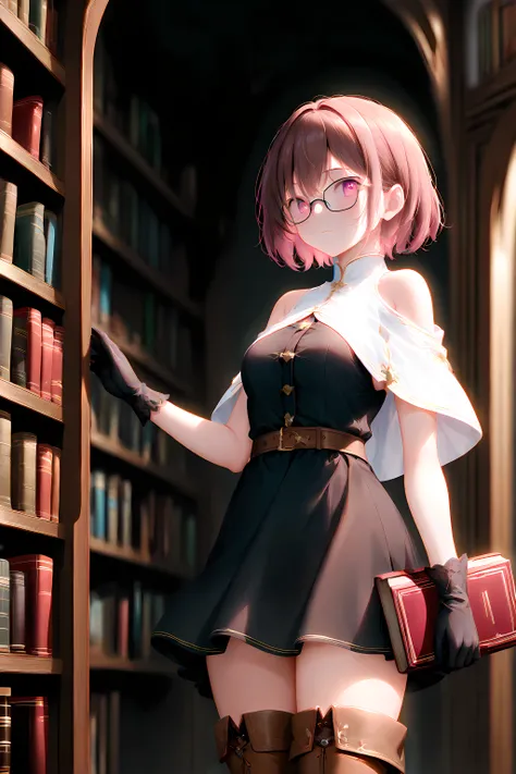 1girl, cowboy shot, standing, short hair, brown hair, pink eyes, glasses, black-framed eyewear, white capelet, black dress, sleeveless dress, shoulder cutout, black gloves, brown boots, thigh boots, bare shoulders, holding book, indoors, library