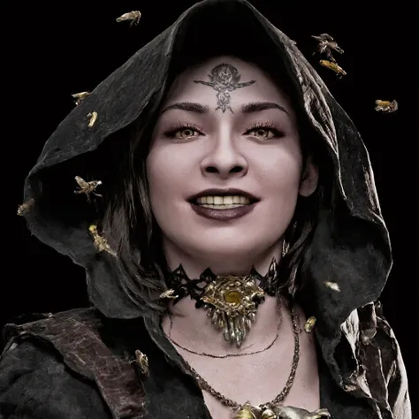 RAW photo, a candid full body photo Cassandra Dimitrescu surrounded by a swarm of flies THE FLIES ARE IN FRONT OF HER AND ALL AROUND HER SOME OF THE FLIES ARE CRAWLING ON HER FACE AND COMING OUT OF HER NOSE, FLIES CRAWLING ON HER FACE, she has pale grey sk...