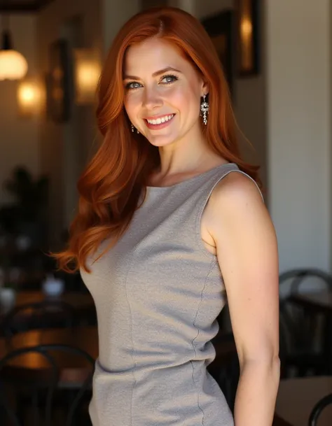 <lora:Amy_Adams_Flux:1> This is a  beautiful photograph of a woman, red hair cascades around her shoulders, framing her face. She is wearing a boatneck dress, Standing in a cafe. Looking at the viewer. Smile.