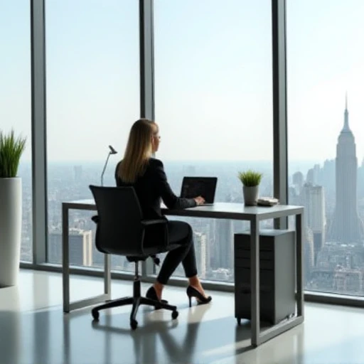 The image features a sleek, modern office space with floor-to-ceiling windows overlooking a bustling cityscape. The focus is on a confident, successful businesswoman sitting at her desk, engrossed in her work. The minimalist decor and clean lines of the fu...