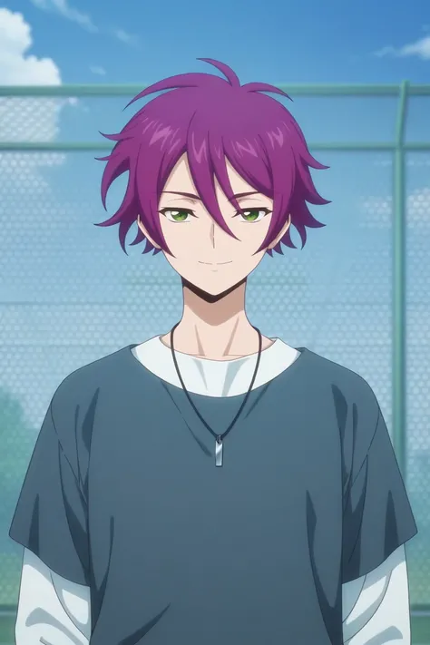 score_9, score_8_up, score_7_up, score_6_up, score_5_up,score_4_up, 
masterpiece, best quality, amazing quality, very aesthetic, absurdres, newest, official art, high resolution
kuon aikawa, purple hair, green eyes, grey shirt, short over long sleeves, 1bo...