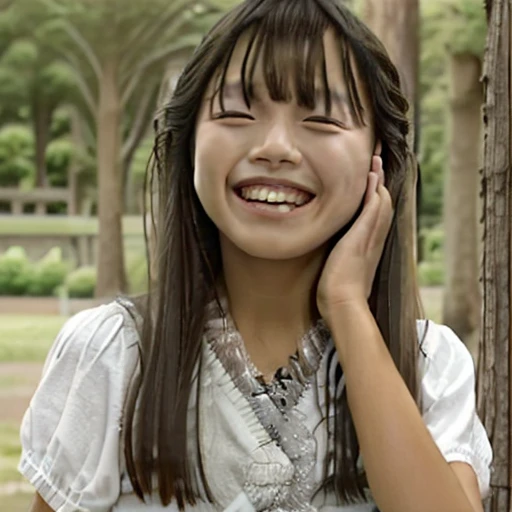 hand on own face, looking at viewer, upper body, indoors, parted lips, tree, bangs, simple background, teeth, dress, smile, grin