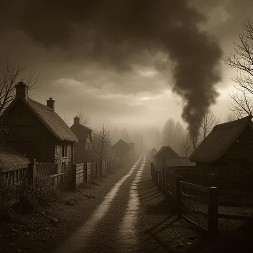 dark smoke billows into the sky. Thatched-roof cottages are consumed by flames, hinting at a history of destruction and despair., while the surrounding environment exudes a chilling silence, sepia-toned sky that emphasizes the oppressive stillness., with h...