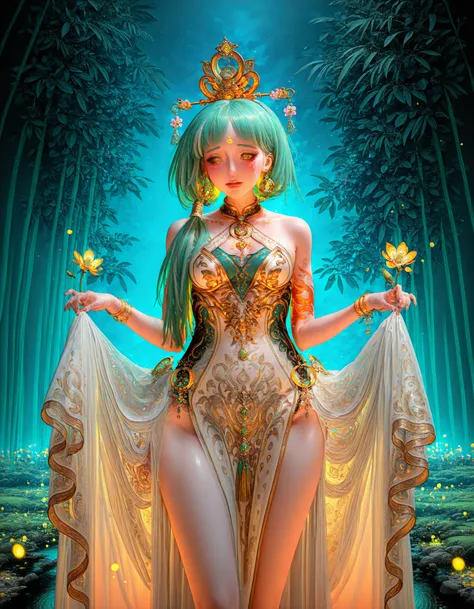 <lora:Ruan_Jia_Style:1> ruan_jia_style, 1girl, solo, 1girl, orange eyes, Green hair, intricate detail, extremely detailed, chromatic aberration, colorful, bright colors,, subsurface scathering, depth of field, skin pores, detailed skin, masterpiece, best q...