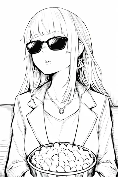 masterpiece, best quality, amazing quality,
 <lora:DisorderIL:1> disorder, 1girl, sunglasses, monochrome, greyscale, solo, long hair, popcorn, jewelry, bangs, food, necklace, jacket, blunt bangs