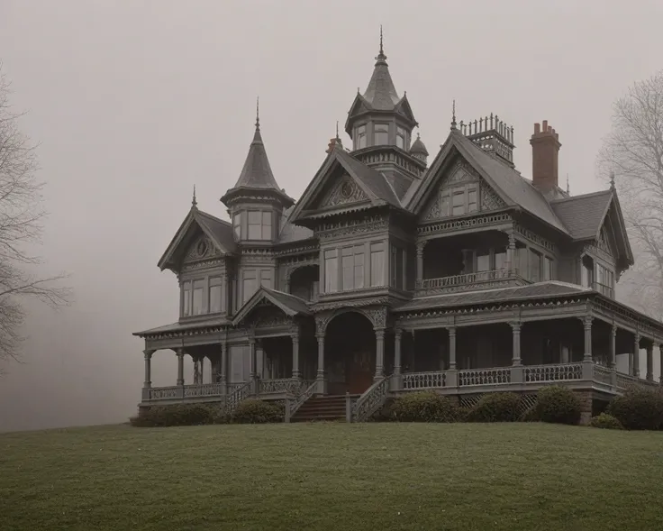 Film grain, 4k, high-resolution photograph, An ornate Victorian-style mansion with a steep gabled roof, intricate woodwork, and a wraparound porch, set in a misty countryside.