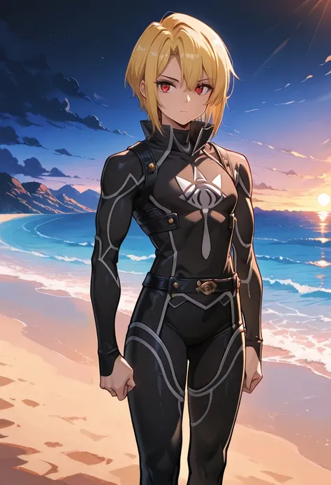 1girl, SheikXL relaxing at beach, black outfit,  soft hands, red eyes, blonde hair, nose, beach at night, (anime, masterpiece, intricate:1.3), (best quality, hires textures, high detail:1.2), (4k),(incredibly detailed:1.4),UHD, 8K, ultra detailed <lora:She...