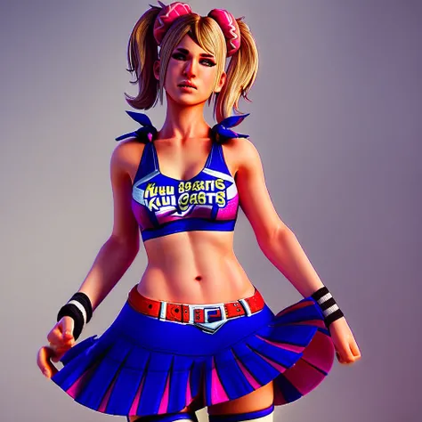 Score_9_up, score_8_up, score_7_up, source_realistic, cowboy shot, BREAK 1girl, solo, Julietstarling, cheerleader, crop top, skirt, thighhighs, wristbands,