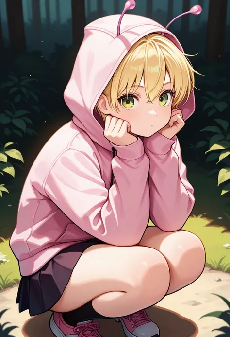 masterpiece, best quality, 1girl, solo, vamola, blonde hair, short hair, green eyes, pink antennae, hoodie, hood up, skirt, squatting