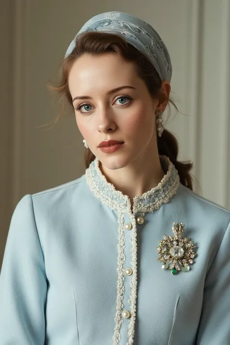 A close-up portrait of an elegant woman in a softly lit studio setting. She is wearing a light pastel blue wool jacket with intricate white trim and decorative pearl-like buttons, exuding a refined vintage style. Her hair is styled in loose waves and tied ...