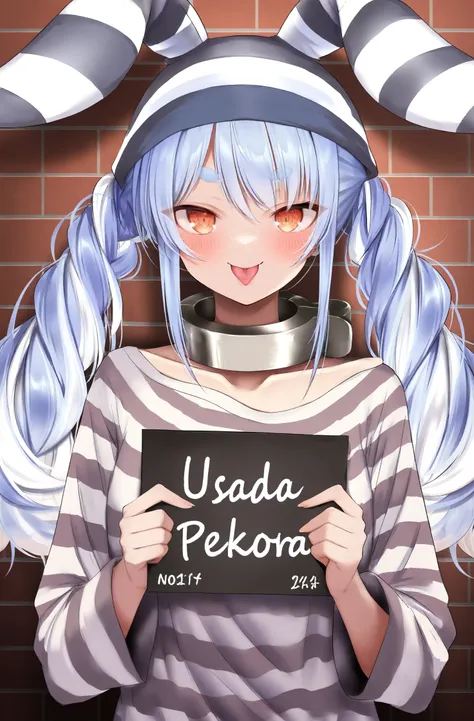 masterpiece, best quality, Pepa, 1girl, prison clothes, virtual youtuber, usada pekora, solo, animal ears, long hair, striped headwear, tongue, blue hair, rabbit ears, tongue out, multicolored hair, looking at viewer, striped clothes, blush, twintails, hol...