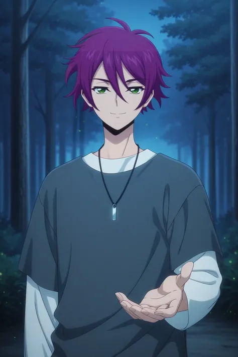 score_9, score_8_up, score_7_up, score_6_up, score_5_up,score_4_up, 
masterpiece, best quality, amazing quality, very aesthetic, absurdres, newest, official art, high resolution
kuon aikawa, purple hair, green eyes, grey shirt, short over long sleeves, 1bo...