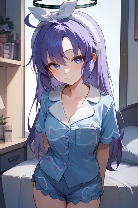 (score_9,score_8_up,score_7_up,),yuuka (pajamas) (blue archive),purple eyes,purple hair,pajamas,halo,white hairband,
blush,,cowboy_shot,smile,arms_behind_back,looking at viewer,<lora:yuuka _(pajamas_)_pony-000027:1>