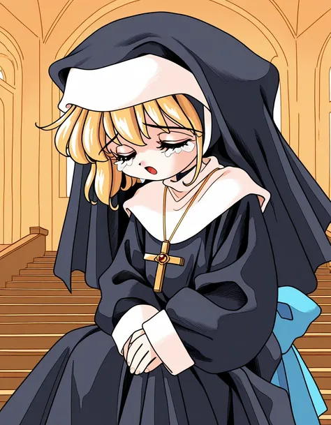 general,highres, ultra-detailed,very aesthetic,best quality ,best hands,  BREAK <lora:Melodylibrary_IS:1>
Melodylibrary, nun, blonde hair, closed eyes, bangs, short stack, 1990s (style),  tears, sad, 
habit, blue bow, jewelry, cross necklace, long sleeves,...