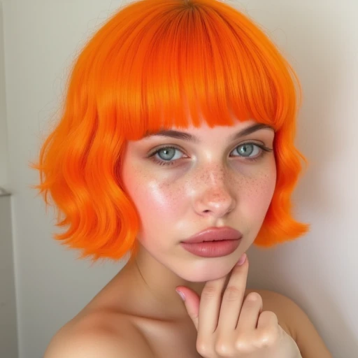 full lips painted with a nude lipstick, This photograph captures a young woman with striking bright orange hair styled in a bob cut with blunt bangs. Her hair is vibrant and eye-catching, and a scattering of freckles across her cheeks and nose. Her makeup ...