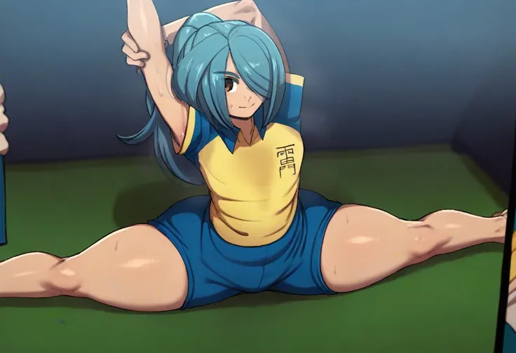 score_9, score_8_up. score_7_up, score_6_up, score_5_up, score_4_up, source_anime, 1boy, Kazemaru Ichirouta, dark aqua hair, ponytail, hair over one eye, brown eyes, yellow shirt, short sleeves, blue raglan sleeves, collared shirt, raimon soccer uniform, b...