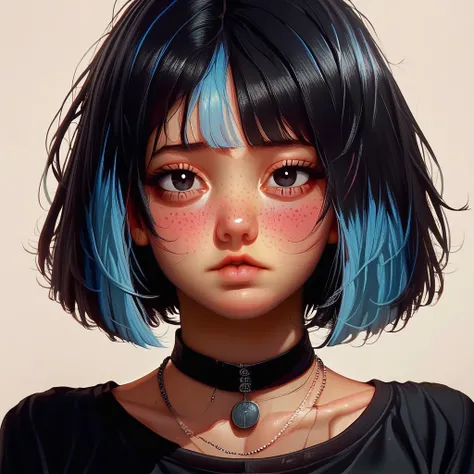 PixelNinjaArt (Artist), @PixelNinjaArt, 1girl, multicolored hair, black hair, blue hair, short hair, two-tone hair, lips, black eyes, portrait, collarbone, bob cut, blush, pendant, choker, necklace, shirt, looking at viewer, solo, simple background, white ...