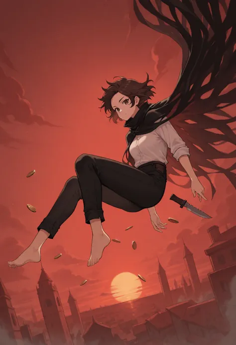 v1n, floating, coin, knife, 1girl, solo, tasselled cloak, brown eyes, short brown hair, white shirt, black pants, barefoot, red sunset, <lora:VinIllustrious:0.8>