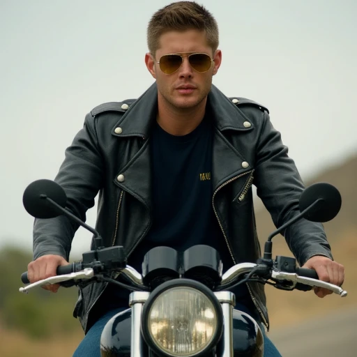 A full body photograph of Jenack. Hes riding a motorcycle while wearing a black T-shirt and a leather jacket, gold framed aviator sunglasses