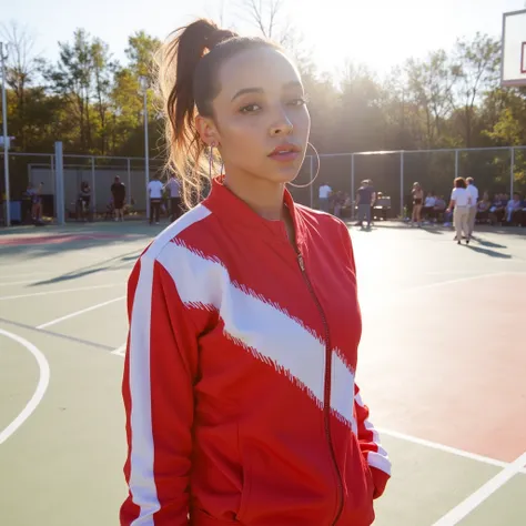 <lora:Tinashe_Flux:1> Tinashe in a vintage-inspired red and white track jacket with bold diagonal stripes, zipped halfway up.  Her hair is styled in a high ponytail, and she has small silver hoop earrings. The background is a lively outdoor basketball cour...